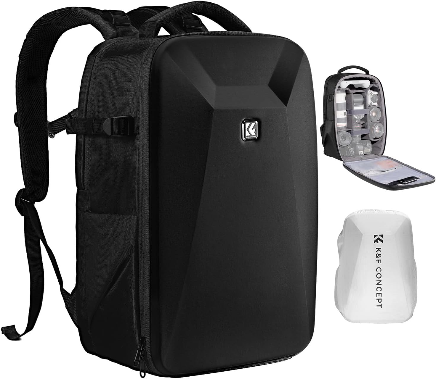 Sac à dos photo K&F Concept KF13.134 22L coque rigide noir avec compartiment PC 15,6 pouces et housse de pluie intégrée